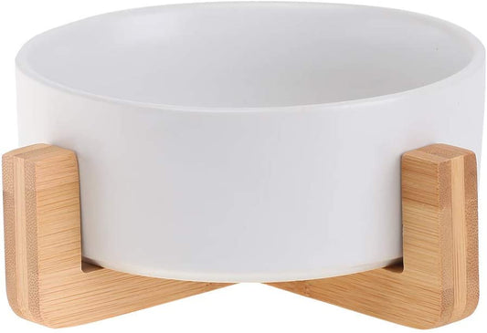 White Ceramic Cat Dog Bowl Dish with Wood Stand No Spill Pet Food Water Feeder Cats Small Dogs